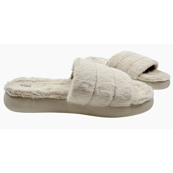TOMS Faux Fur Quilted Slide Slippers Ivory Cozy Indoor Glam House Shoes 11 - Picture 3 of 9